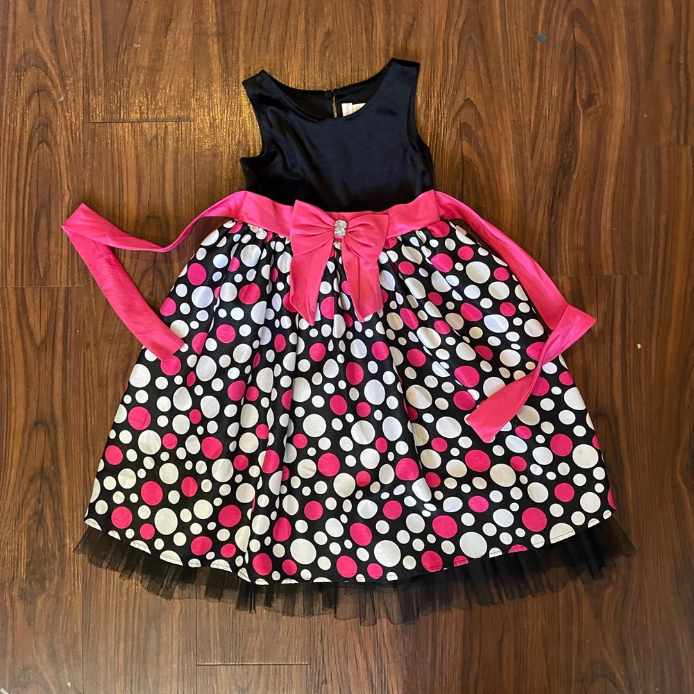 Youngland Little Girls Velvet Sleeveless Black & Pink Polka Dot Bow Dress